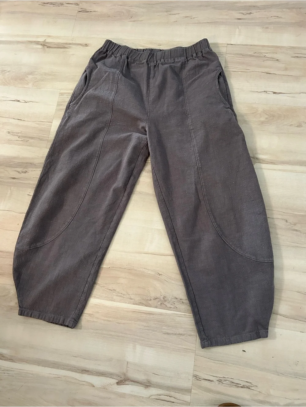 XIMIO Linen Blend Barrel Pants Charcoal Lagenlook Lantern Leg Boho Pull On Sz L